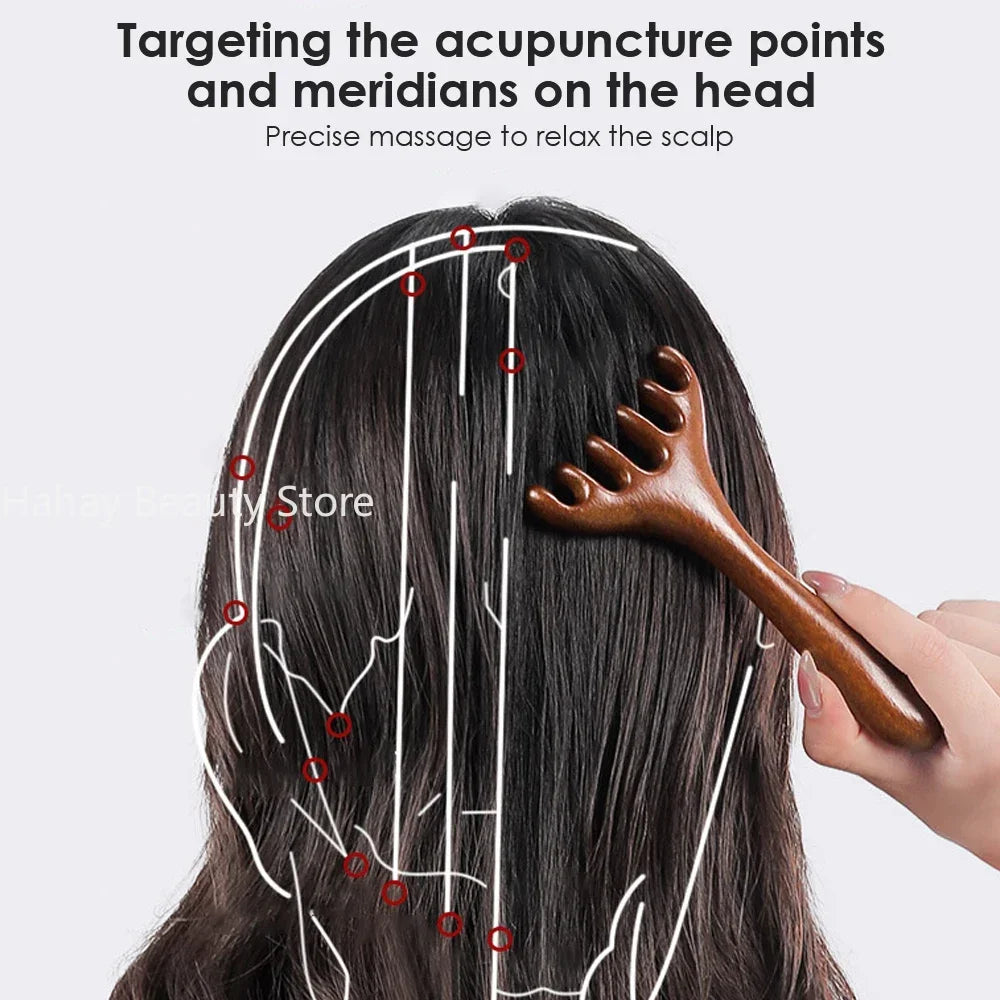 6 Prong Anti-Static Wooden Meridian Massage Comb