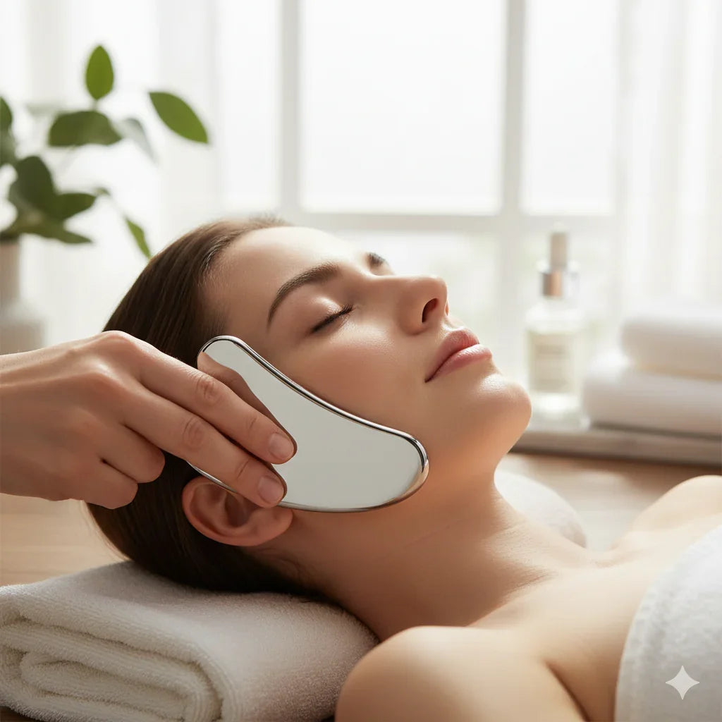 Appareil de massage visage professionnel en acier inoxydable pour soulagement des tensions faciales.