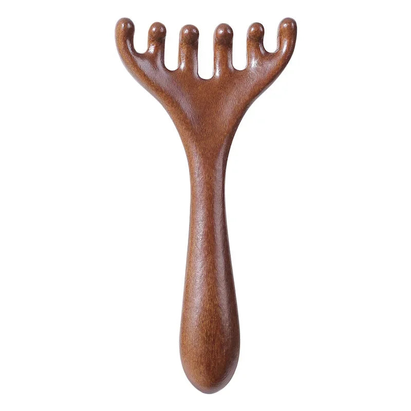 Peigne massage 6 griffes bois stimulation cuir chevelu"