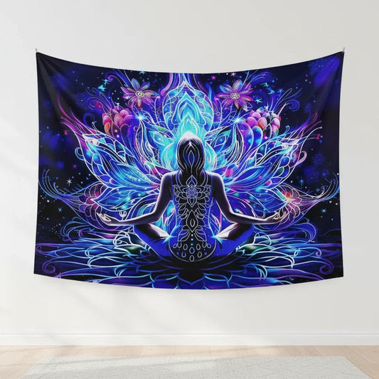 Tapisserie murale zen méditation lotus ciel étoilé, décoration chambre apaisante ambiance relaxante