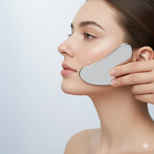 Appareil de massage visage professionnel en acier inoxydable pour soulagement des tensions faciales.