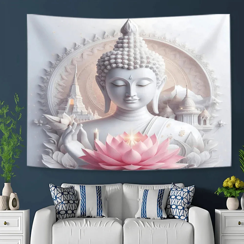 Tapisserie Murale Bouddha Statue Lotus Blanc Pur