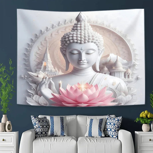 Tapisserie Murale Bouddha Statue Lotus Blanc Pur