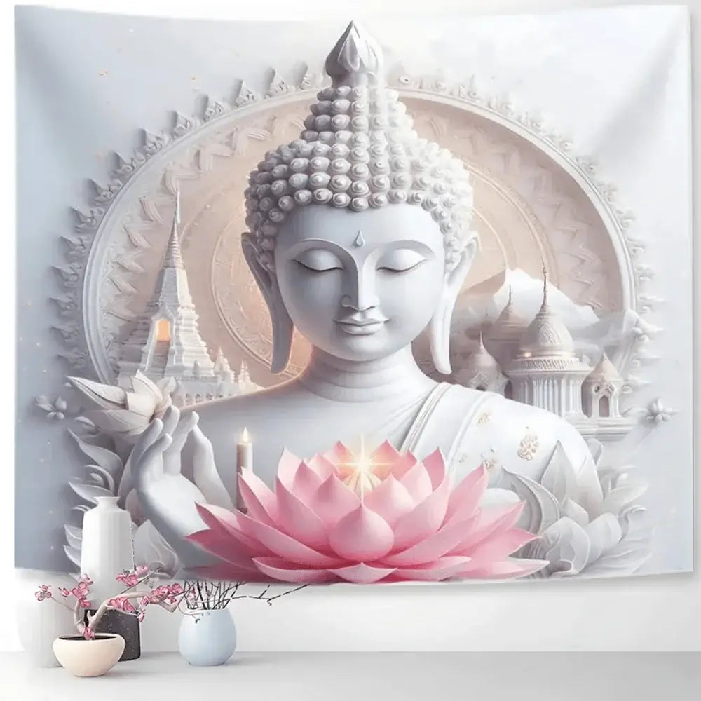 Tapisserie Murale Bouddha Statue Lotus Blanc Pur