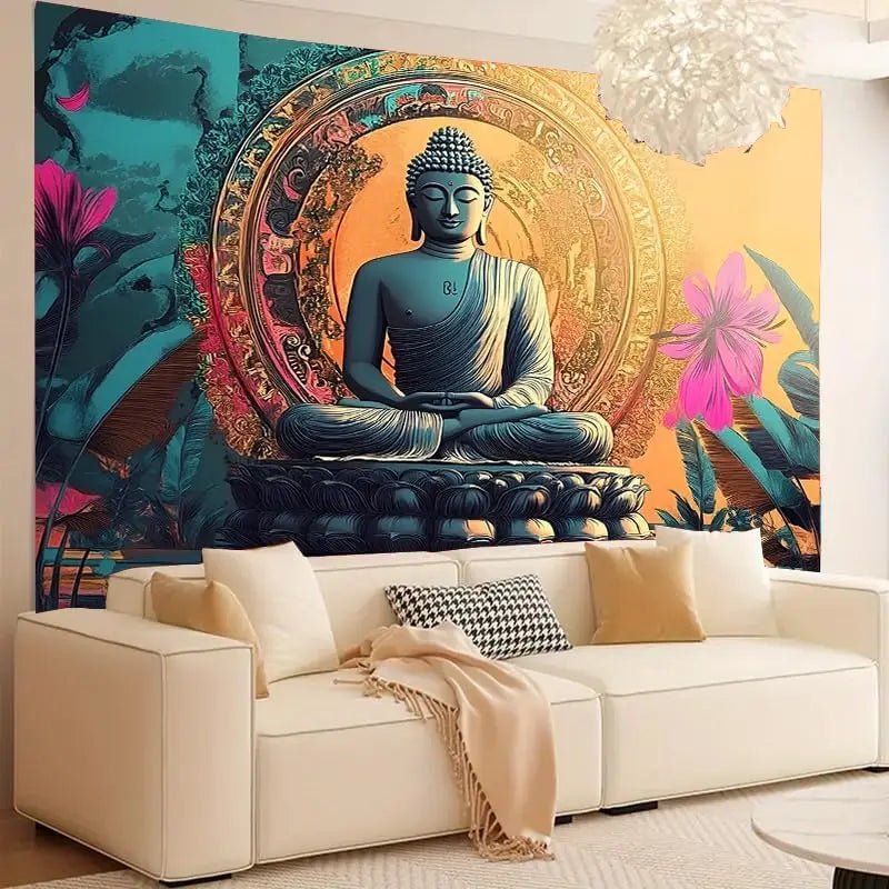 Tapisserie Murale Bouddha Doré Mandala Spirituel