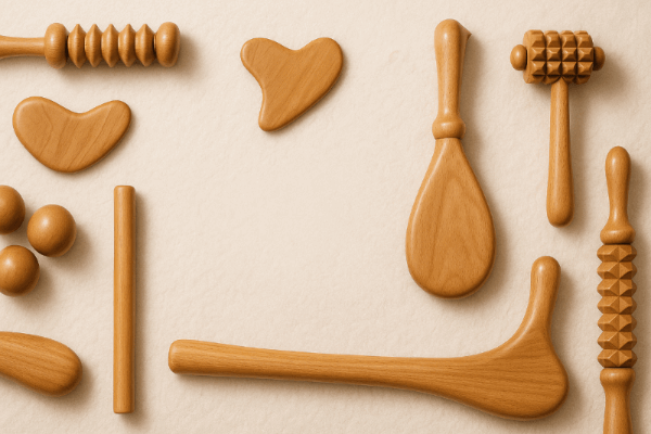 Bannière avec appareils de massage manuels en bois